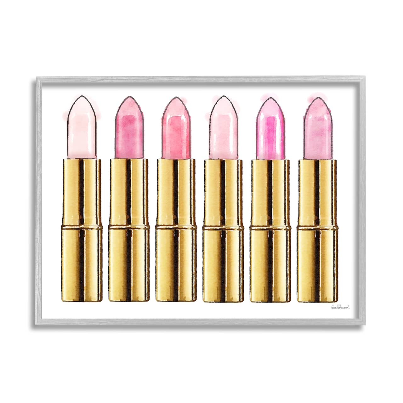 Stupell Industries Pink Gold Lipstick Glam Fashion Watercolor in Gray Frame Wall Art